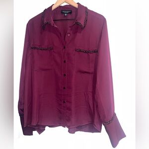 LAUNDRY Shelli Segal silky crepe bouclé trim burgundy button up blouse, size XL